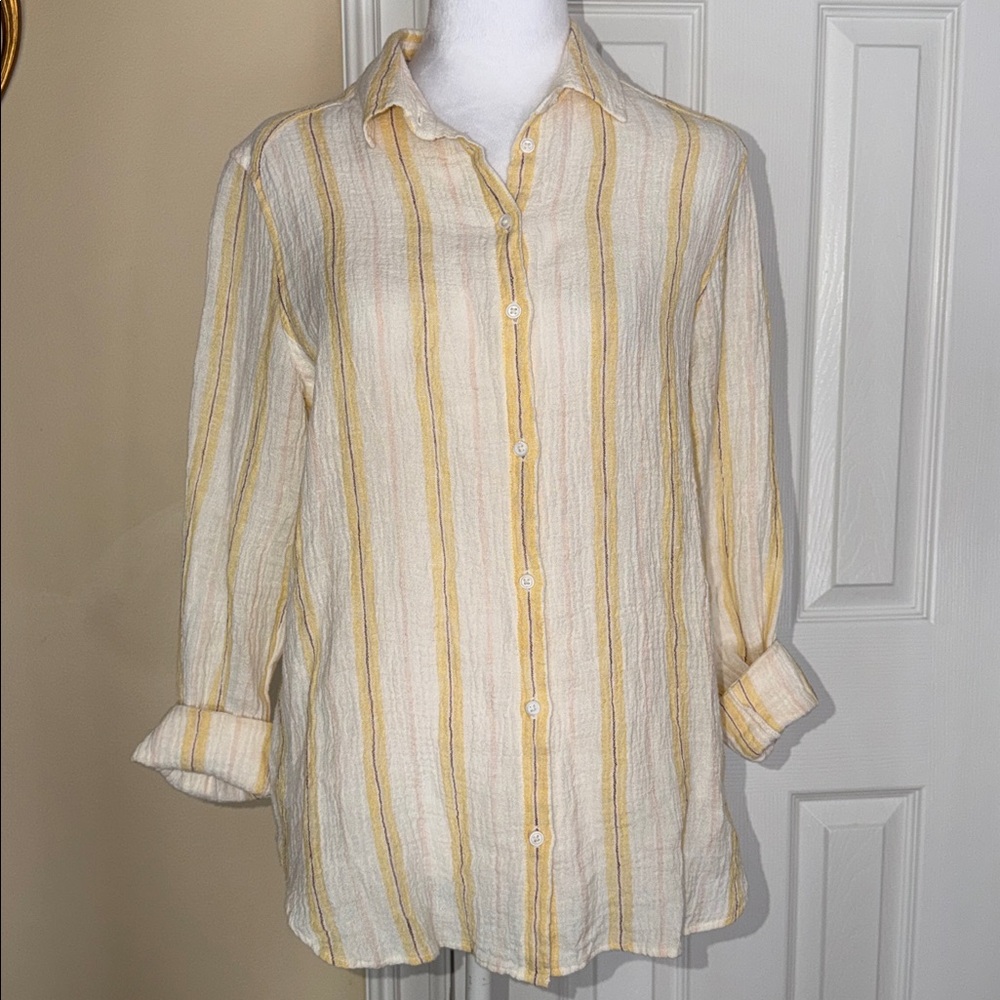 Outerknown Costa Linen Blend Button Up Shirt yellow & white stripe pattern